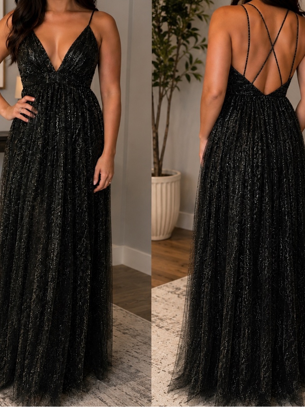 Lovely Day Black Glitter V-Neck Maxi Gown